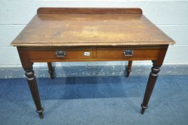 A LATE VICTORIAN MAHOGANY SIDE TABLE, with two drawers, containing sewing accessories, width 98cm