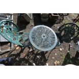 A GREEN PAINTED ALUMINIUM GARDEN TABLE, diameter 61cm x height 63cm and two chairs (3) (condition:-