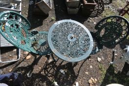 A GREEN PAINTED ALUMINIUM GARDEN TABLE, diameter 61cm x height 63cm and two chairs (3) (condition:-