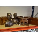 A GROUP OF HAND CARVED WOODEN FIGURES, a Victorian writing slope width 40cm x depth 27cm, a