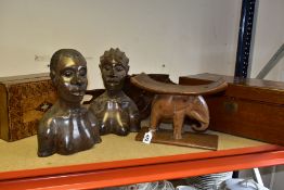 A GROUP OF HAND CARVED WOODEN FIGURES, a Victorian writing slope width 40cm x depth 27cm, a