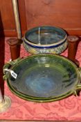 A DOULTON LAMBETH STONEWARE MARK V. MARSHALL DECORATED PEDESTAL SALAD BOWL, lacks metal mounting for