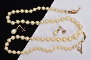 A CULTURED PEARL NECKLACE AND A PAIR OF EARRINGS, a graduated single row of cream cultured pearls