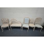 A SMALL REPRODUCTION FRENCH CHAISE LONGUE, length 96cm and a matching chair, along with three
