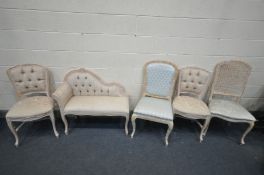 A SMALL REPRODUCTION FRENCH CHAISE LONGUE, length 96cm and a matching chair, along with three