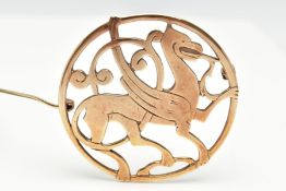 A 9CT GOLD SHETLAND BROOCH, of an open work circular form, featuring the Quendale beast, approximate