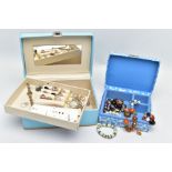 A BOX OF ASSORTED COSTUME JEWELLERY, to include an assortment of dress rings, earrings, a ladies