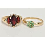 TWO 9CT GOLD GEM SET RINGS, the first designed with three graduating marquise cut garnets, single
