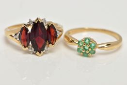 TWO 9CT GOLD GEM SET RINGS, the first designed with three graduating marquise cut garnets, single