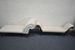 A CREAM UPHOLSTERED CHAISE LONGUE, on cabriole legs, length 142cm, and a matching upholstered window