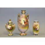 THREE FIELDINGS CROWN DEVON VASES, decorated with pheasants by J Coleman, comprising an ovoid vase