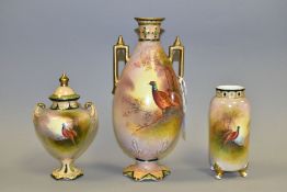 THREE FIELDINGS CROWN DEVON VASES, decorated with pheasants by J Coleman, comprising an ovoid vase