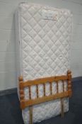 A SINGLE DIVAN BED, MATTRESS, and pine headboard