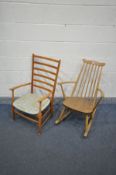 AN ERCOL MODEL 435 WINDSOR GOLDSMITH ROCKING CHAIR (condition:-frame sturdy, worn armrests, in dusty