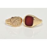 TWO 9CT GOLD SIGNET RINGS, the first set with a square cut carnelian, leading onto a tapered