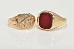 TWO 9CT GOLD SIGNET RINGS, the first set with a square cut carnelian, leading onto a tapered