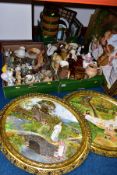 THREE BOXES CONTAINING A MIXTURE OF CERAMICS AND PICTURES, comprising of two Lilliput Lane cottages,