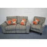 A NEXT STRIPPED UPHOLSTERED LOUNGE SUITE, comprosing a two seater settee and an armchair (2)