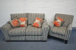 A NEXT STRIPPED UPHOLSTERED LOUNGE SUITE, comprosing a two seater settee and an armchair (2)