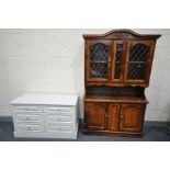 A WHITE FINISH SIDEBOARD/CHEST OF SIX DRAWERS, width 121cm x depth 53cm x height 74cm, and a stained