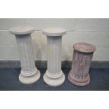 A PAIR OF NEO-CLASSICAL PLASTER COLUMNS, diameter 26cm x height 70cm, and a red finish plaster