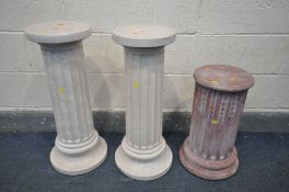 A PAIR OF NEO-CLASSICAL PLASTER COLUMNS, diameter 26cm x height 70cm, and a red finish plaster