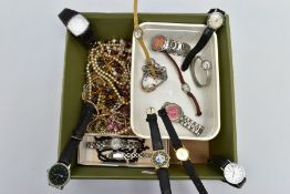 A SELECTION OF WATCHES AND COSTUME JEWELLERY, to include a black glass stylised bead necklace, a '