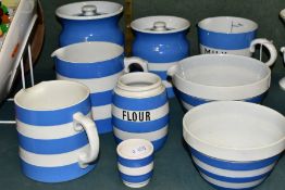 NINE PIECES OF T.G. GREEN CORNISHWARE, comprising two storage canisters heights 13cm and 15.5cm (