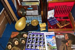 TWO BOXES AND LOOSE RECORDS, CDS, PICTURES, METALWARES AND SUNDRY ITEMS, to include approximately