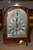 A GUSTAV BECKER DOMED MAHOGANY MANTEL CLOCK, with Roman numerals to the chapter ring, subsidiary