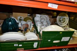 TWO BOXES AND LOOSE CERAMICS, ETC, including an Aynsley 'Pembroke' pattern pedestal cake plate (glue