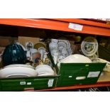 TWO BOXES AND LOOSE CERAMICS, ETC, including an Aynsley 'Pembroke' pattern pedestal cake plate (glue