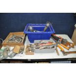A TUB AND TWO TRAYS to include hammers, files, saws, clothes line, door handles, trowels, two