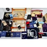 A BOX OF ASSORTED JEWELLERY, to include boxed silver and white metal jewellery such as necklaces,