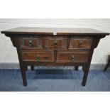 AN ORIENTAL STYLE HARDWOOD SIDE TABLE, with five drawers, width 110cm x depth 46cm x height 80cm (