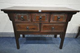 AN ORIENTAL STYLE HARDWOOD SIDE TABLE, with five drawers, width 110cm x depth 46cm x height 80cm (