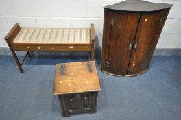 AN EDWARDIAN MAHOGANY DUET PIANO STOOL, length 98cm x depth 36cm x height 57cm, a 20th century oak