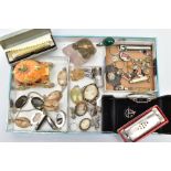 AN ASSORTMENT OF SILVER, COSTUME JEWELLERY AND FURTHER ITEMS, to include a silver paste thistle