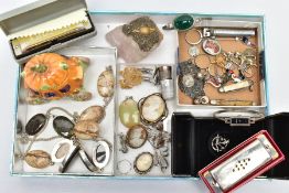 AN ASSORTMENT OF SILVER, COSTUME JEWELLERY AND FURTHER ITEMS, to include a silver paste thistle