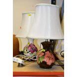 TWO MOORCROFT POTTERY TABLE LAMPS WITH CREAM SHADES, comprising a coral 'Hibiscus' design on a