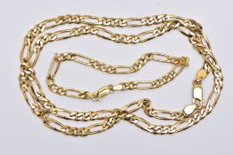 A 9CT GOLD FIGARO CHAIN AND YELLOW METAL FIGARO CHAIN, the first a yellow gold chain necklace,