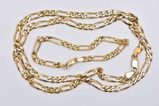 A 9CT GOLD FIGARO CHAIN AND YELLOW METAL FIGARO CHAIN, the first a yellow gold chain necklace,