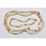 A 9CT GOLD FIGARO CHAIN AND YELLOW METAL FIGARO CHAIN, the first a yellow gold chain necklace,