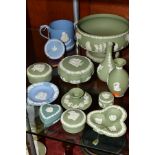 THIRTEEN PIECES OF WEDGWOOD JASPERWARE, mostly in green, including a pale blue limited edition