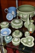 THIRTEEN PIECES OF WEDGWOOD JASPERWARE, mostly in green, including a pale blue limited edition