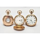 THREE GOLD PLATED POCKET WATCHES, to include a full hunter pocket watch, round white dial, signed '