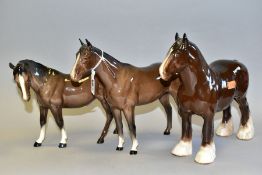 THREE BESWICK BROWN GLOSS HORSES, comprising Mare (Facing Left), model no. 976, Shire Mare, model