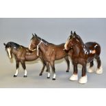 THREE BESWICK BROWN GLOSS HORSES, comprising Mare (Facing Left), model no. 976, Shire Mare, model