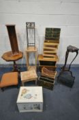 A SELECTION OF OCCASIONAL FURNITURE, to include a mahogany torchere stand (loose leg) four