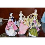 FOUR ROYAL DOULTON AND FIVE COALPORT LADIES, the Royal Doulton comprising 'Pretty Ladies -